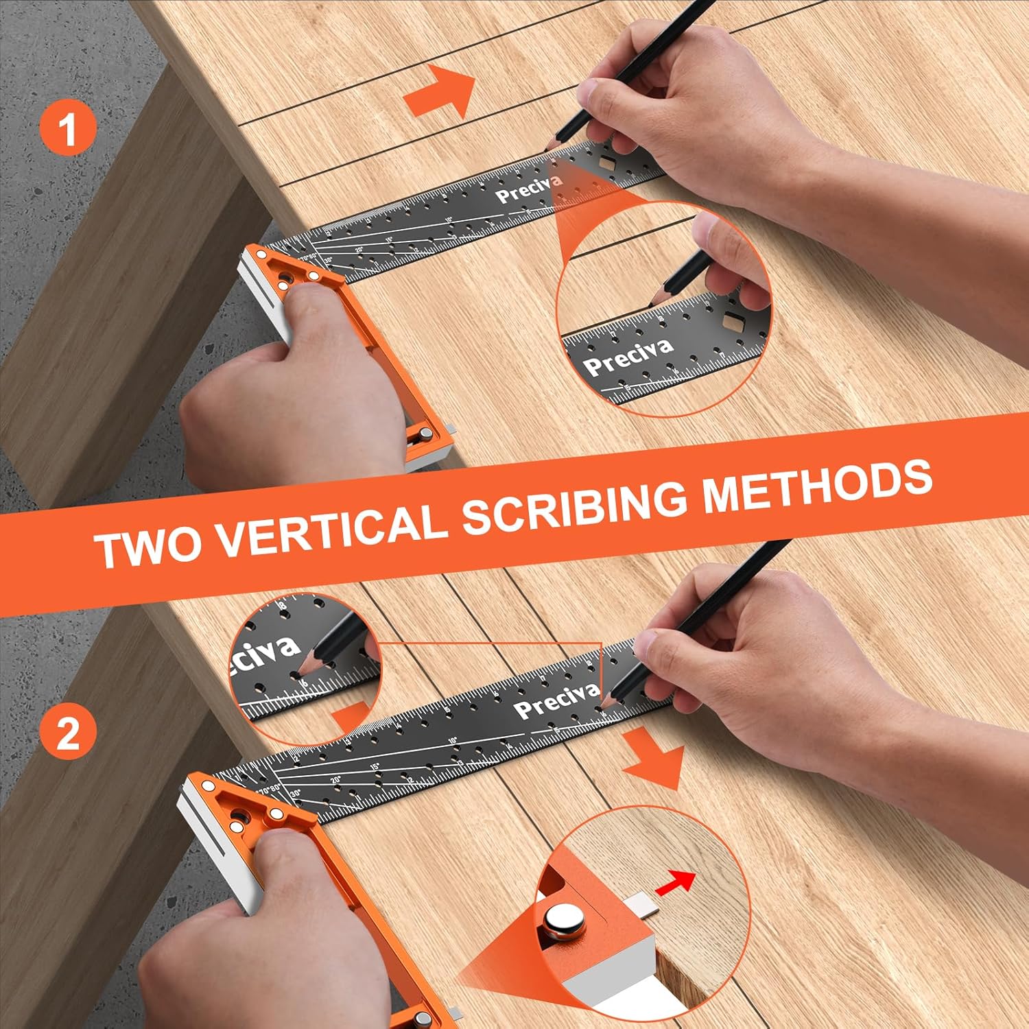 12” Woodworking Square Ruler - Preciva Right Angle Ruler Carpenter Square Layout Tool, Features Stainless Steel Blade, Retractable Ledge, 1/16” and 1/32” Notch Spacing and Multi-Angle Scribe Mark - Image 3