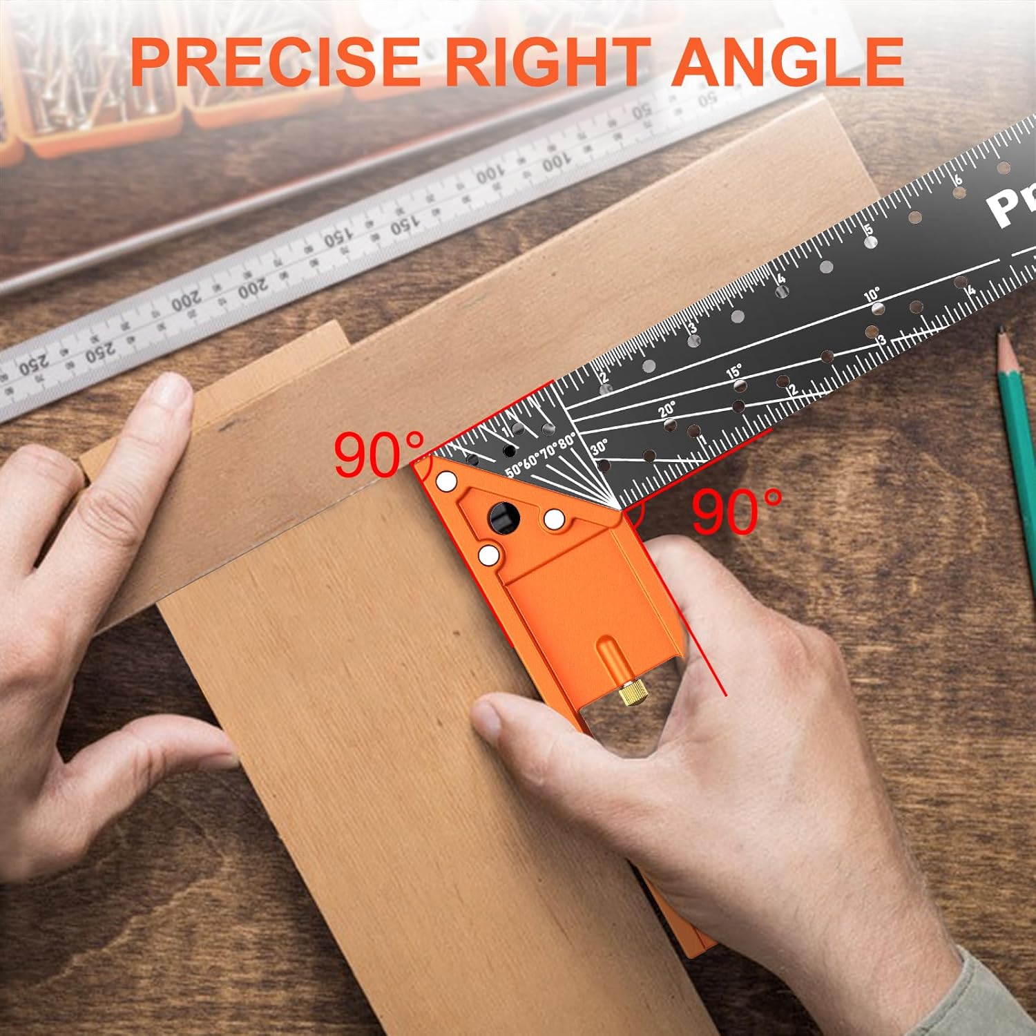 12” Woodworking Square Ruler - Preciva Right Angle Ruler Carpenter Square Layout Tool, Features Stainless Steel Blade, Retractable Ledge, 1/16” and 1/32” Notch Spacing and Multi-Angle Scribe Mark - Image 4