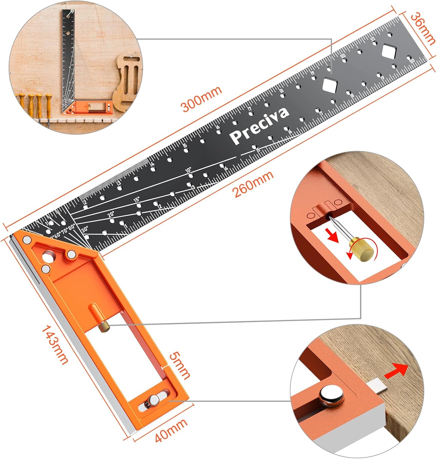 12” Woodworking Square Ruler - Preciva Right Angle Ruler Carpenter Square Layout Tool, Features Stainless Steel Blade, Retractable Ledge, 1/16” and 1/32” Notch Spacing and Multi-Angle Scribe Mark - Image 5