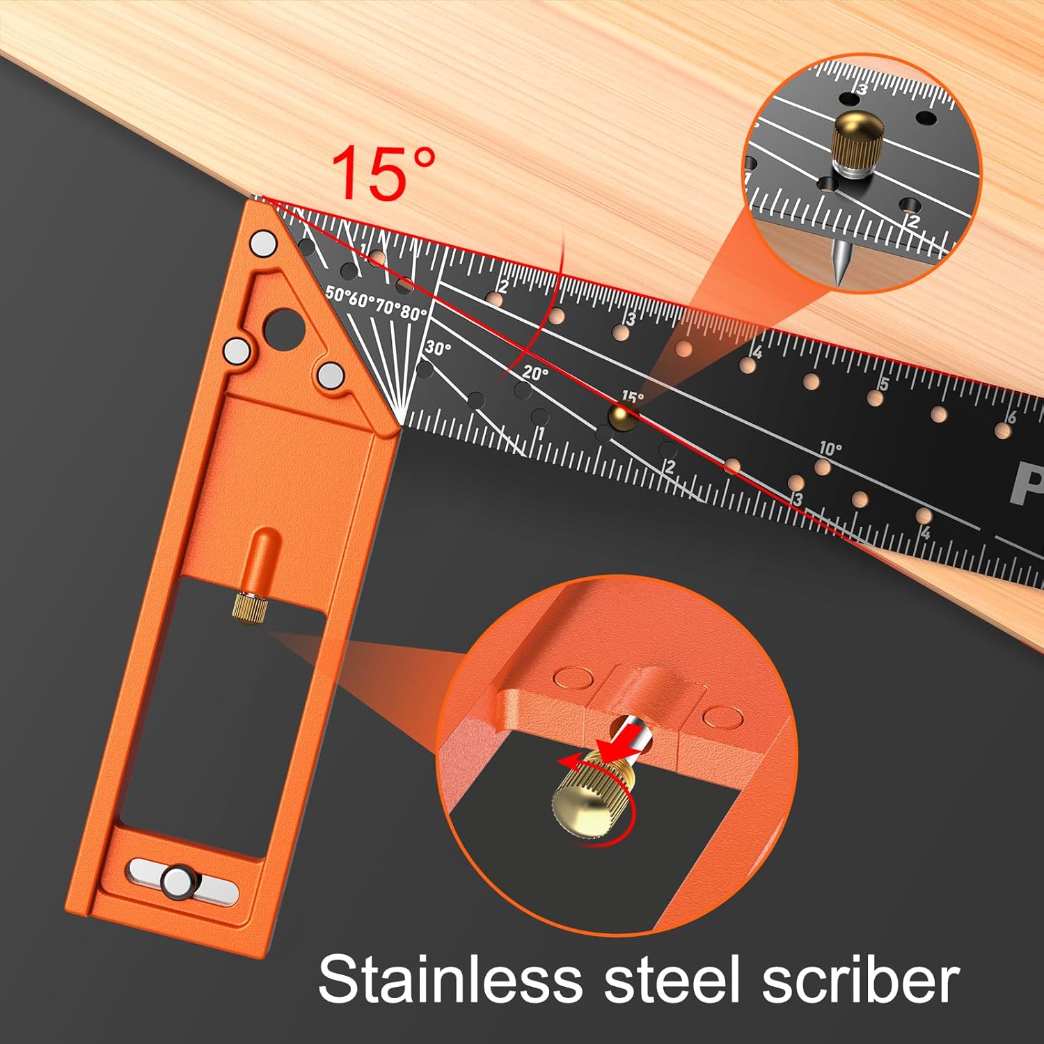 12” Woodworking Square Ruler - Preciva Right Angle Ruler Carpenter Square Layout Tool, Features Stainless Steel Blade, Retractable Ledge, 1/16” and 1/32” Notch Spacing and Multi-Angle Scribe Mark - Image 6