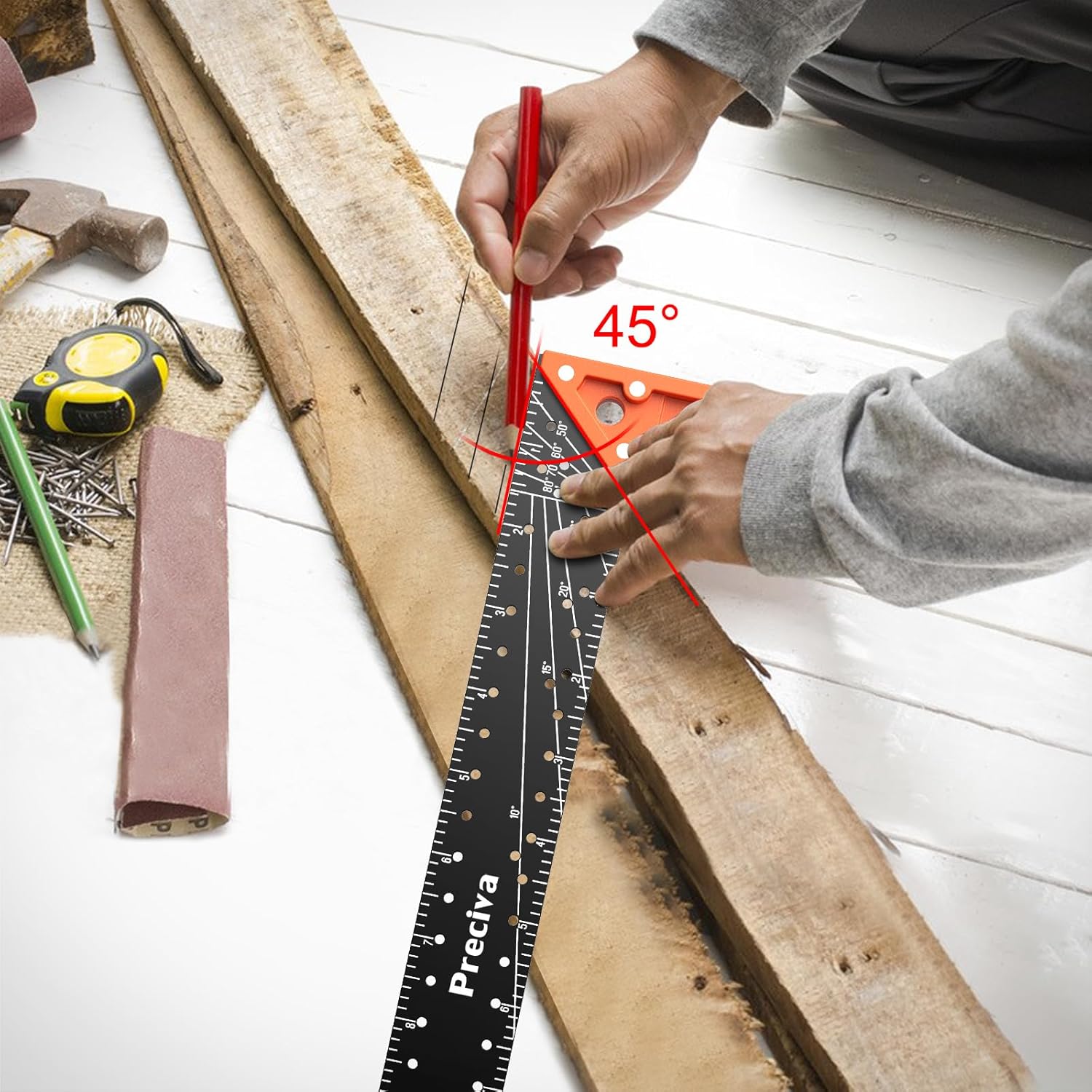 12” Woodworking Square Ruler - Preciva Right Angle Ruler Carpenter Square Layout Tool, Features Stainless Steel Blade, Retractable Ledge, 1/16” and 1/32” Notch Spacing and Multi-Angle Scribe Mark - Image 7