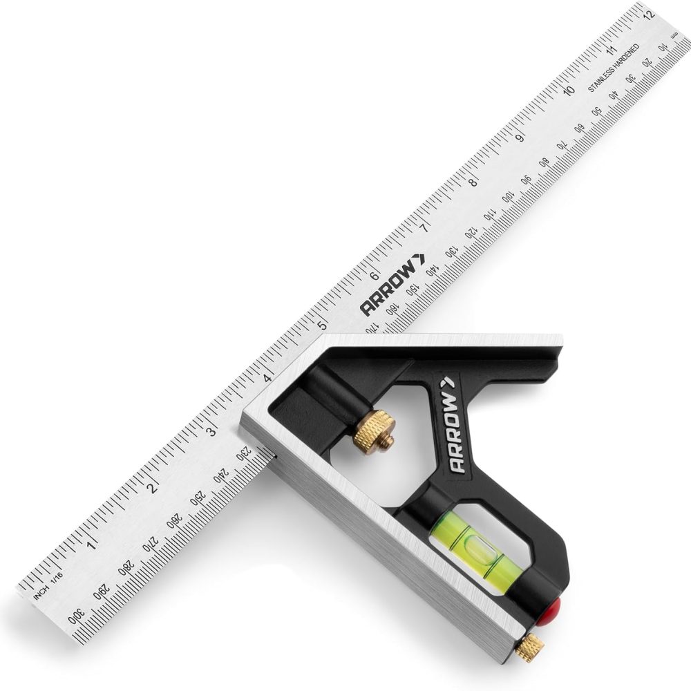 Arrow Combination Square, 12-Inch Combo Square with Stainless Steel Ruler, Zinc Alloy Body and Bubble Level for Carpenters and Craftsmen