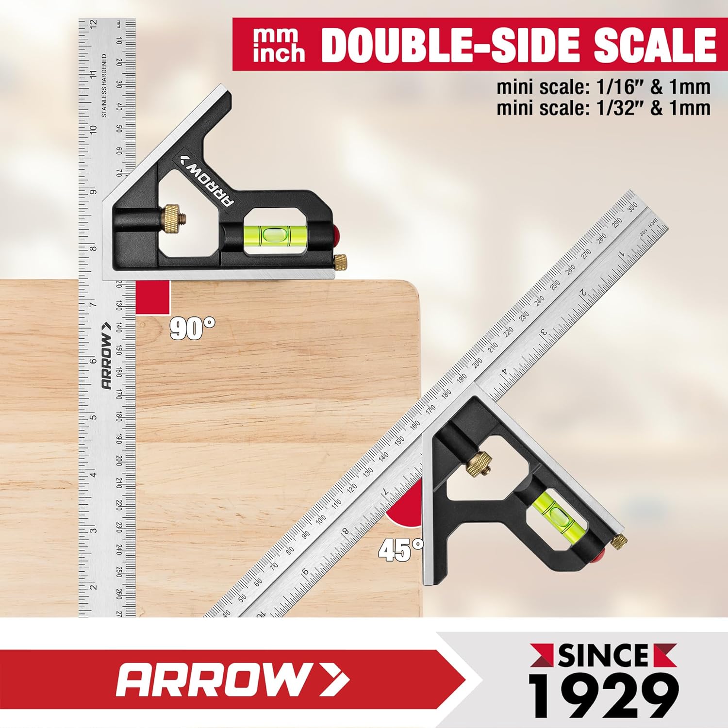 Arrow Combination Square, 12-Inch Combo Square with Stainless Steel Ruler, Zinc Alloy Body and Bubble Level for Carpenters and Craftsmen - Image 6