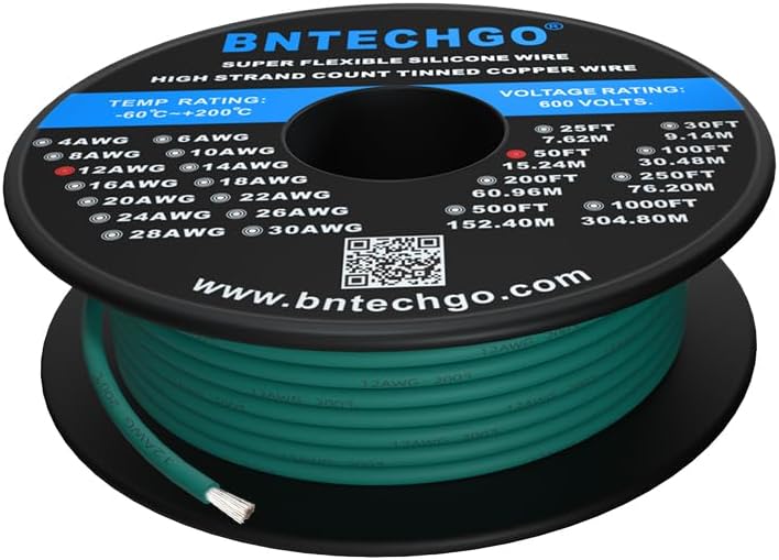 BNTECHGO 12 Gauge Silicone Wire Spool 50 ft Green Flexible 12 AWG Stranded Tinned Copper Wire