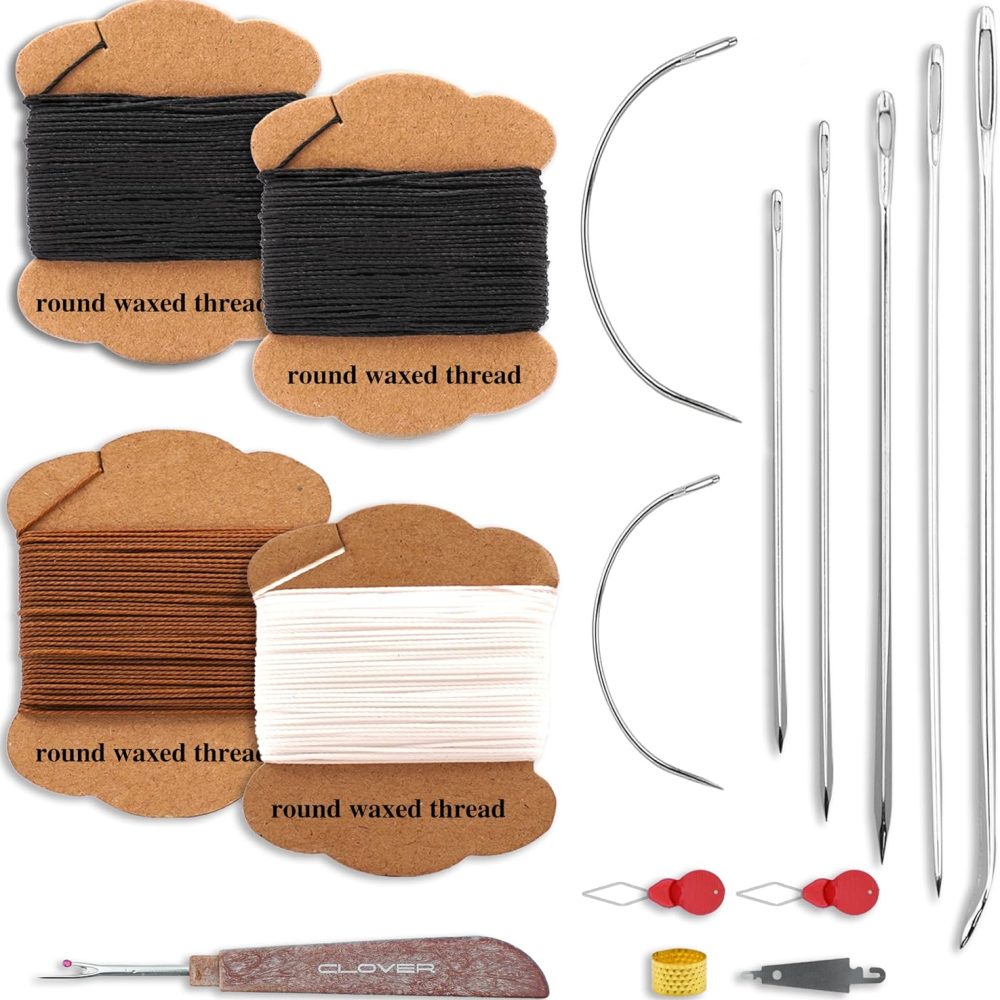 Professional Furniture Repair Sewing Kit - 4 Rolls 22-Yard Round Waxed Thread (Black×2/White×1/Brown×1) + 7 Industrial Needles & 4 Tools for Leather, Canvas, Quilting, Sofa Stitching & DIY Crafts